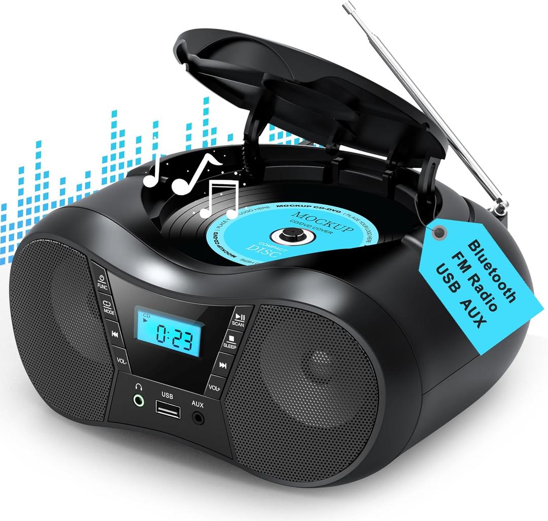 Greadio Boombox Portable CD Players for Home with Bluetooth, Boom Box CD Player FM Radio Combo, Stereo Sound, AC/Battery Powered, CD/CD-R/RW Compatible, Support AUX/USB/Headphone, Timer, Repeatable