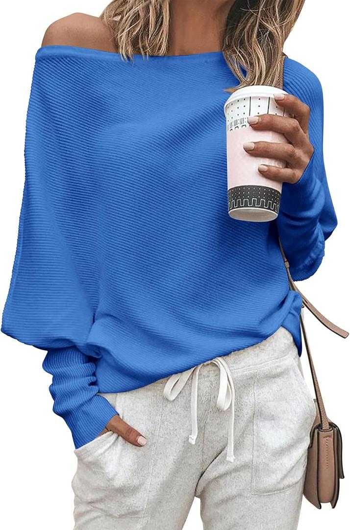 Zenlonr Women's Fall Sweaters 2025 Casual Long Batwing Sleeve Loose Off Shoulder Knit Pullovers Jumper Tops (Medium, Brilliant Blue)