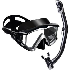 Adult Pano 3 Scuba Diving Mask, Tempered Glass Snorkel Mask Anti-Fog Swim Mask No Leakage Swim Goggles with Nose Cover Snorkeling Gear for Snorkeling, Freediving, Swimming (Black Set)
