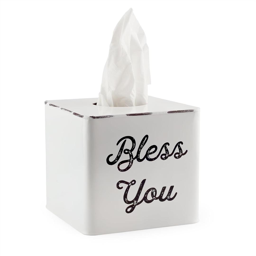 AuldHome Design White Tissue Box Cover; Enamelware Square Distressed Farmhouse Vintage Style Decor Tissue Holder (White With "Bless You")