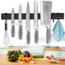 Magnetic Knife Holder for Wall 17 Inch, No Drilling black knife magnetic strip with 3 Hooks, Strong Magnet Knife Holder strip, Magnetic Knife Rack Bar for Kitchen Knives and Tools