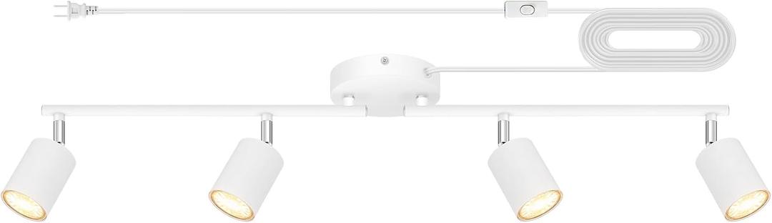 Plug in Track Lighting LED, Track Lighting Fixtures Ceiling, White 4-Light Kitchen Light Kit, Plug in Wall Light with 14.8ft Power Cord, Rotatable Ceiling Spotlight for Bedroom(GU10 Socket, NO Bulb)
