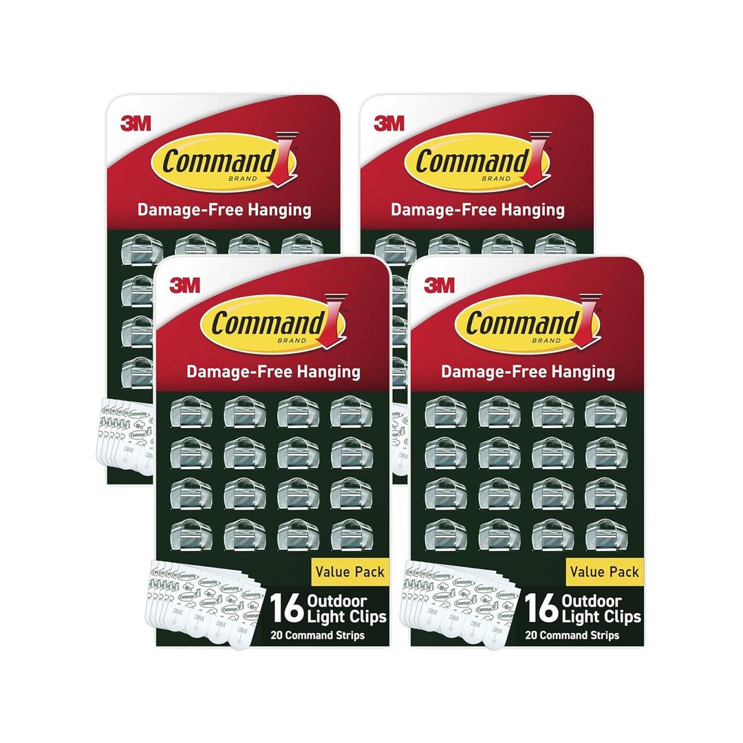 Command Outdoor Light 4 Pack of 16 Clear Clips and 20 Strips, Damage Free Hanging with Adhesive Strips, Wall Clips for Hanging Outdoor Lights and Cables Outside