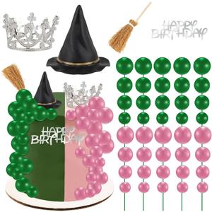 44 Pieces Pink and Green Cake Decorations with Mini Black Witch Hat, Silver Crown, Broom, Balloons, Happy Birthday Cake Topper for Girls Women Princess Witch Birthday Party Decorations Supplies
