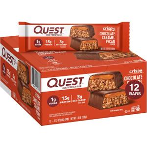 Quest Nutrition Crispy Chocolate Caramel Pecan Hero Protein Bar, 15g Protein, 1g Sugar, 3g Net Carb, Gluten Free Protein Snack, Keto Friendly, 12 Count BBD:02-22-26
