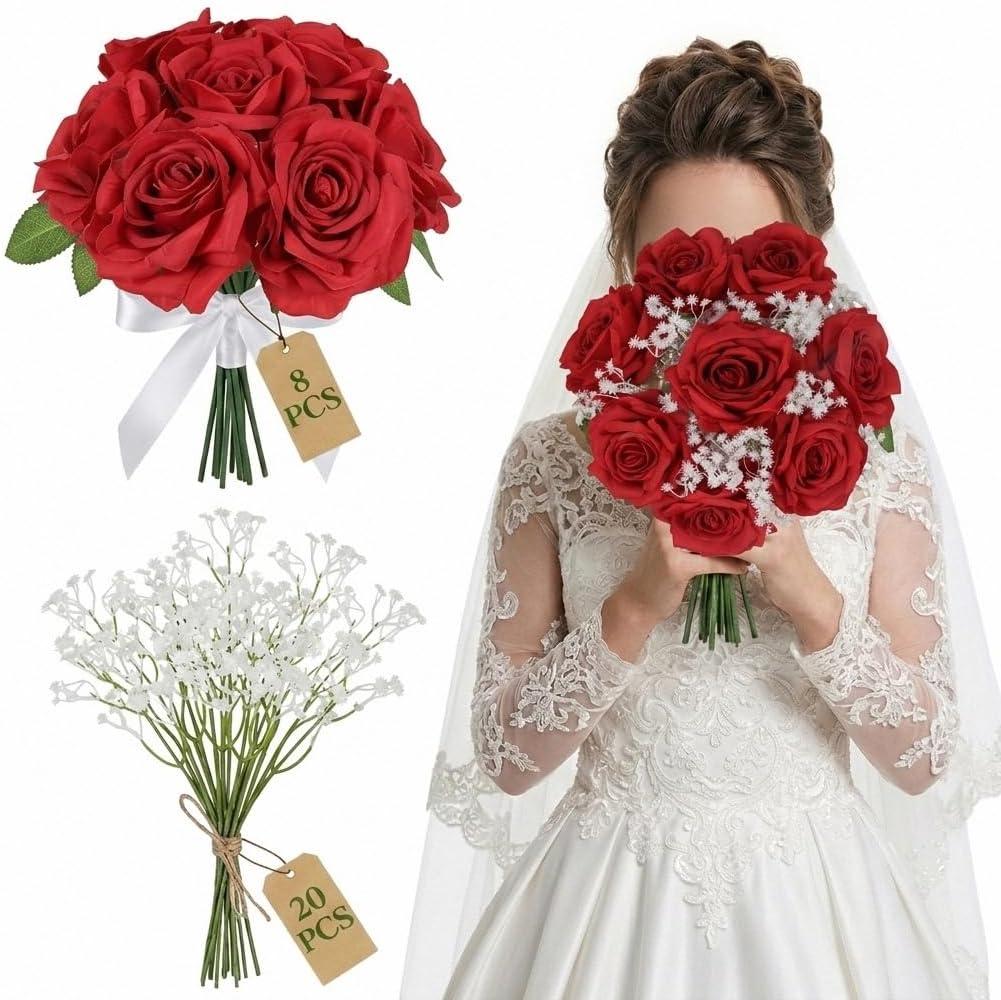 Artificial Roses with Babys Breath Flower Bouquet 8 Fake Silk Rose Artificial Flowers Head with Stems 20 Babys Breath Faux Flower for DIY Wedding Party Home Table Centerpieces Decor (Red)