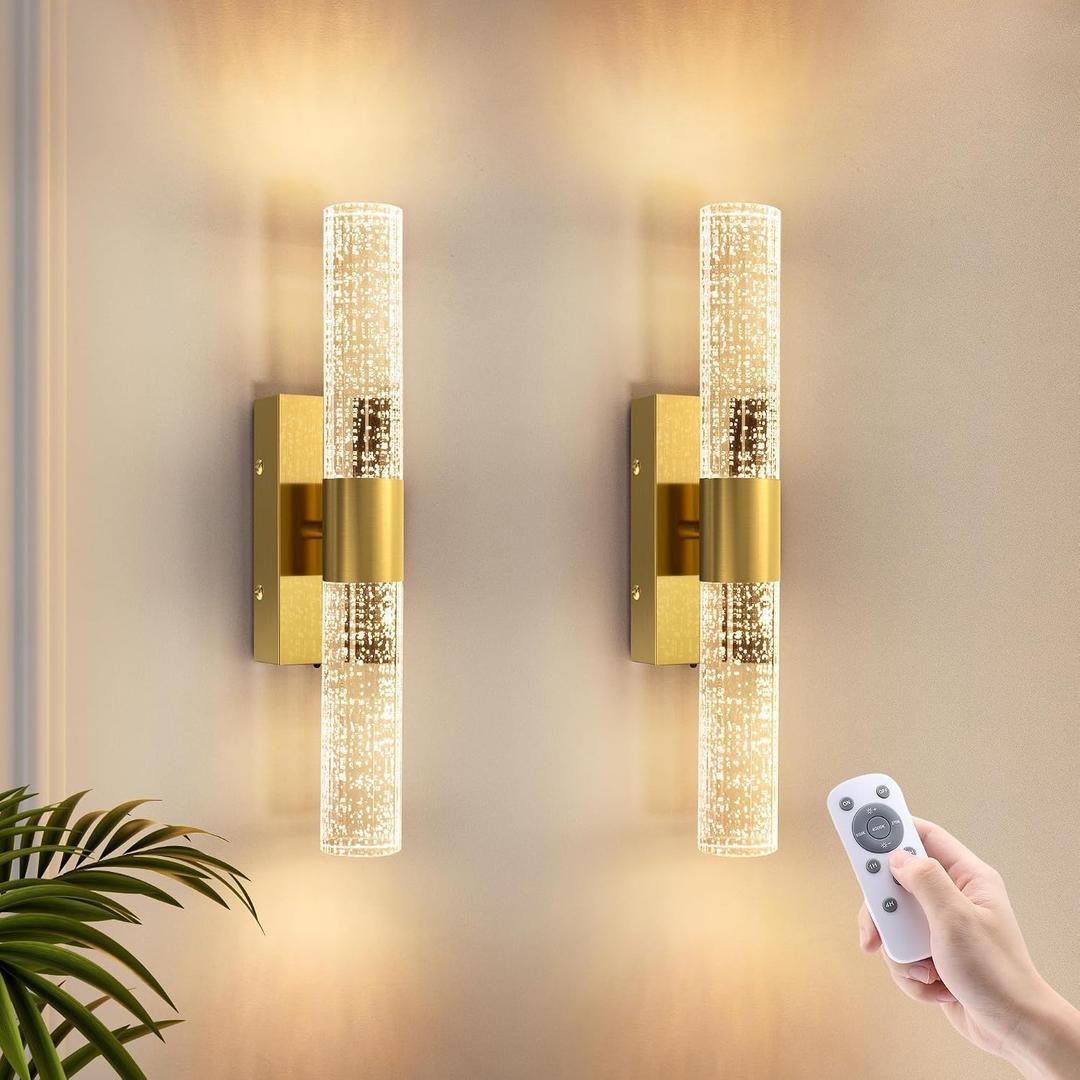 VOLISUN Battery Operated Wall Sconces Set of Two,Gold Sconces Wall Decor Set of 2,Wireless Wall Sconces with Remote,Rechargeable Wall Light for Living Room,Bedroom,Bathroom,Vanity (15.3 inch)