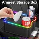 Car Armrest Storage Box With 2 Drink Cup Holders, 7 Colour LED Lights Car Console Organiser With USB + Type-C Charging Port, Universal Small Car Storage Organizer Front Seat