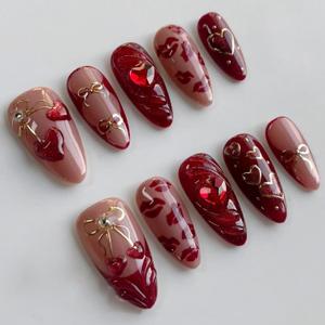 Red Press on Nails Heart Diamond Fake Nails with Cherry Design Bow Glue on Nail Glitter Medium Almond Stick on Nails Glossy Full Cover Acrylic Lip Print False Nail for Women Manicure 24Pcs