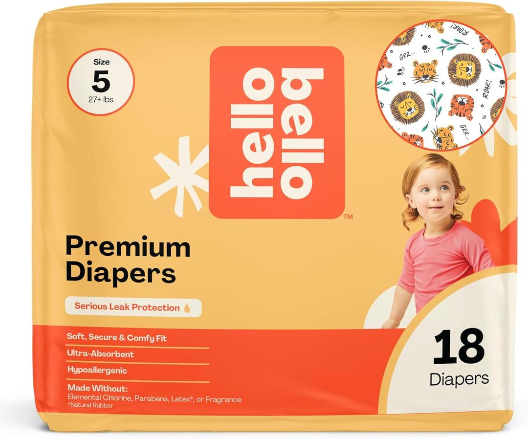 Hello Bello Diapers, Size 5 (27 lbs) Wild Cats, 18 Count of Premium Disposable Baby Diapers, Hypoallergenic with Soft, Cloth-Like Feel
