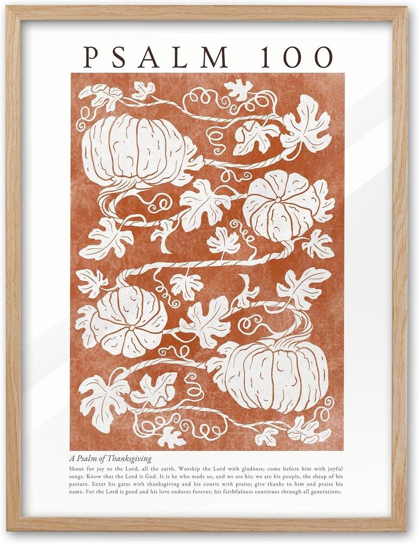 EcoHest Fall Botanical Pumpkins Framed Wall Art, Large 16x20 in OAK Wood Christian Psalm 100 Canvas Wall Art, Beige Logs A Psalm of Thanksgiving Home Decor Set of 1 for Bedroom Living Room