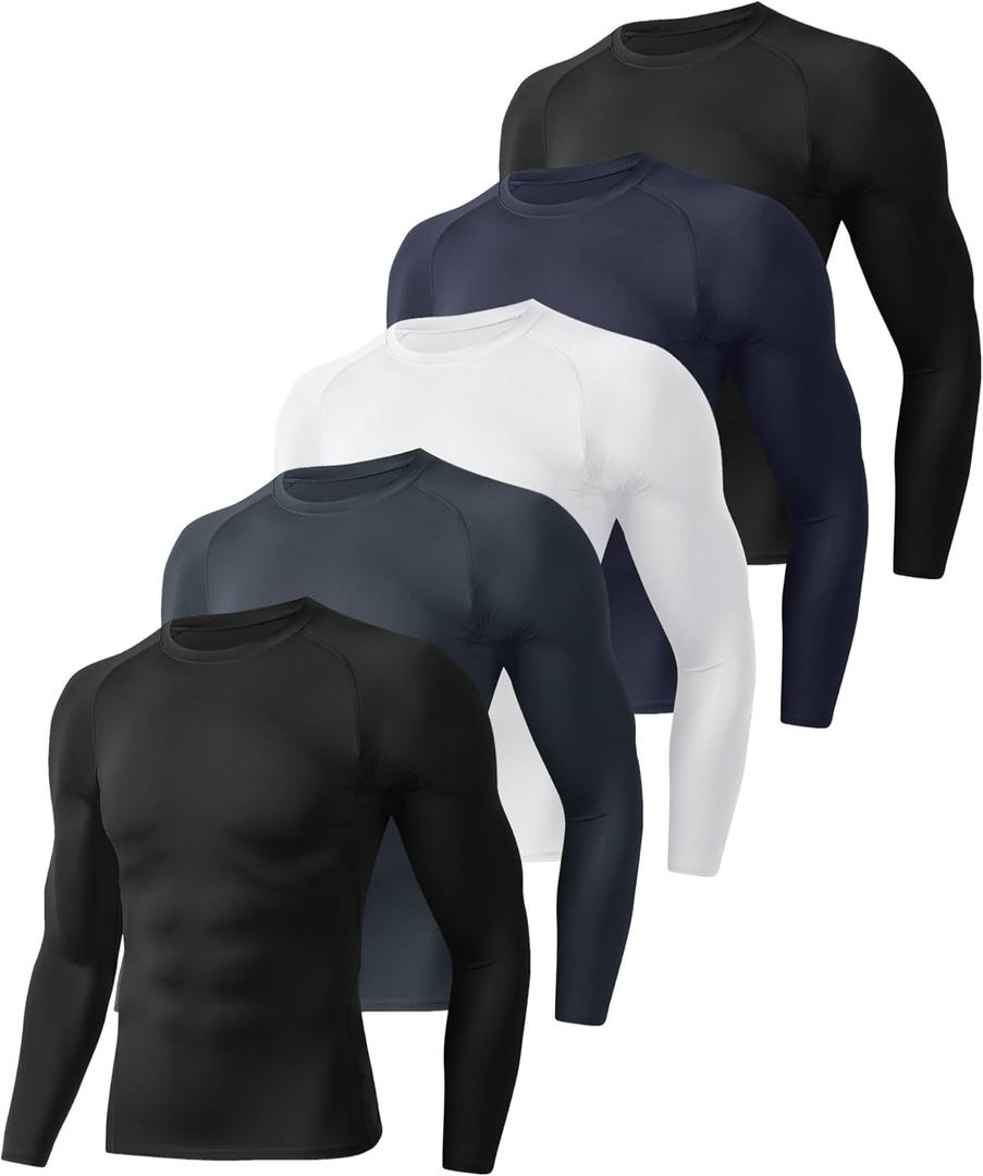 5 Pack Long Sleeve Compression Shirts for Men - Black Quick Dry Workout Base Layer Undershirt Top for Athletic Gym Running Small