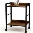 2-Tier Rolling Utility Cart Night Stand Organizer with Brown Wood Shelves and Black Metal Frame, End Side Table Storage Trolley on Wheels for Kitchen Office, Bathroom, Living Room