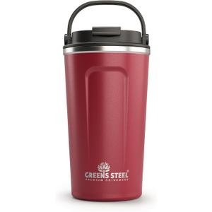 Reusable Coffee Cup with Lid and Handle - Stainless Steel Insulated Coffee Mug for Hot & Cold Drinks - Ideal Travel Mugs - 100% Leak-Proof Tumbler - 16 oz Red