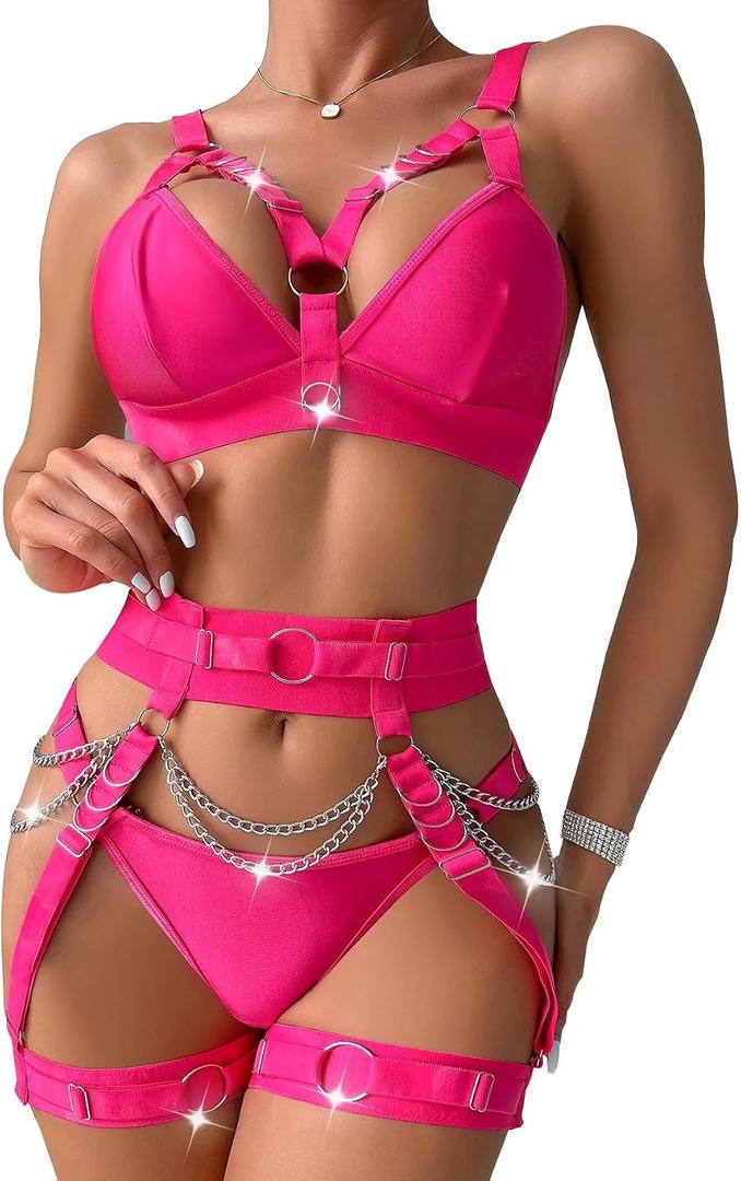 Lilosy Sexy Chain Strappy Garter Belt Women Lingerie Set Rave Outfits Large