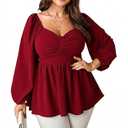 SCOMCHIC Womens Plus Size Tops Long Sleeve Blouse Ruffle Sweetheart Neckline Smocked Peplum Babydoll Top Red 1XL