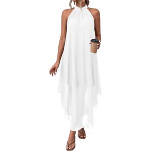 PRETTYGARDEN Womens Flowy Maxi Dresses Summer 2026 Halter Sleeveless Long Asymmetrical Spring Dress Beach Vacation Sundress Small