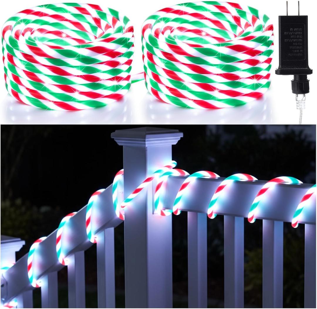 Thick Christmas Candy Cane Rope Light 0.4" Diameter, 66 ft 400 LED Candy Lights 8 Modes Waterproof Multicolor Lights for Garden Xmas Tree, Indoor Outdoor Christmas Decoration (White)