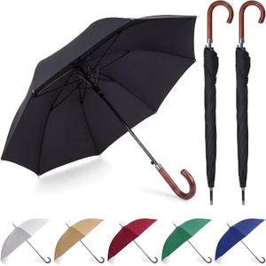 Silkfly 48" Auto Open Umbrella Large Wooden J Stick Handle Vintage Windproof Travel Wedding Fast Drying Umbrella, 2, Black