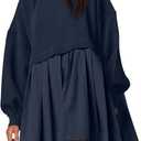 ANRABESS Women Sweatshirts Dress Oversized Long Sleeve Patchwork Casual Loose Pleated Pullover Mini Dress Fall Outfits 2025 (Small, Navy Blue)
