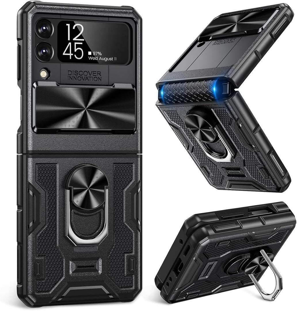 Caka for Samsung Galaxy Z Flip 3 Case with Kickstand, Camera Cover & Hinge Protection with Built-in 360 Rotate Ring Stand - Magnetic Protective Phone Case for Galaxy Z Flip 3 5G - Black