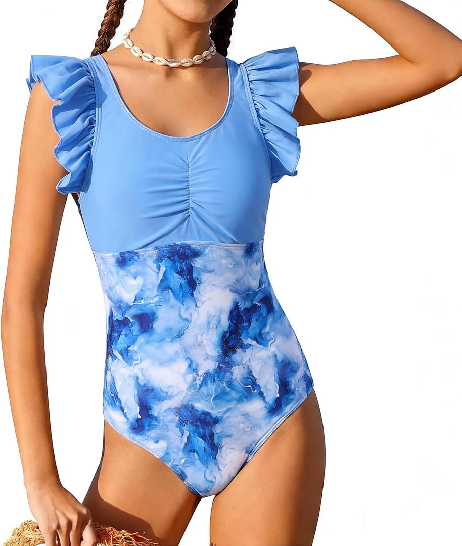 Girls Swimsuits One Piece Floral Ruffle Bathing Suits for Teens Hawaiian Beach Swimwear for Summer Vacation 7-14Y