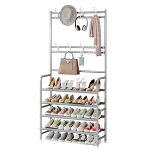 YIZAIJIA Coat Rack Shoe Rack With Storage Shelf Freestanding with 8 Hooks for Entryway Bedroom Closet 4 Tier, Grey