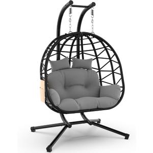 ZENPETIO Double Hanging Egg Chair with Stand, Rattan Wicker Swing with UV Resistant Cushion and Pillow, for Indoor Outdoor Bedroom Patio Hanging Basket Lovers Seat, Black