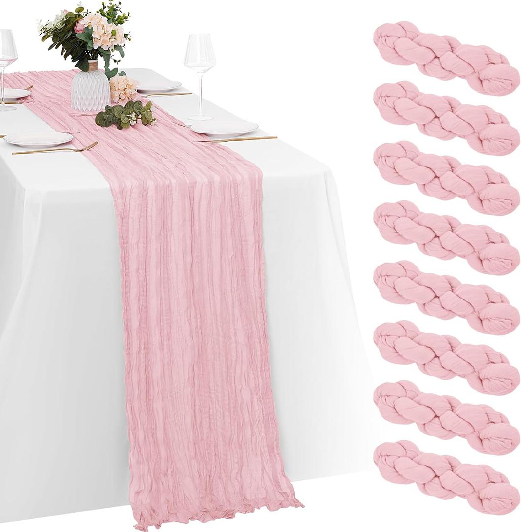 8 Pack Light Pink Cheesecloth Table Runners 20x120 Inch Gauze Table Runner Cheese Cloth 10FT Pink Table Runner Rustic Sheer Runner for Wedding Birthday Party Baby Shower Table Decor