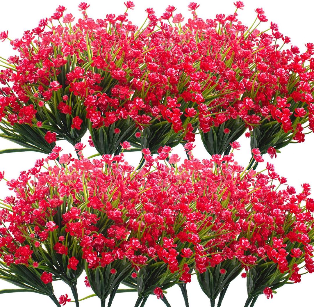 Grunyia Artificial Flowers, 20 Bundles Outdoor Fake Flowers for Decoration UV Resistant Faux Plastic Plants Garden Porch Window Box Dcor(Red)