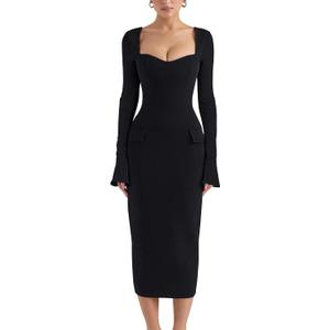 YMDUCH Women's Sexy Long Sleeve Sweetheart Neck Back Slit Bodycon Party Tight Midi Pencil Dress (Medium, Black)