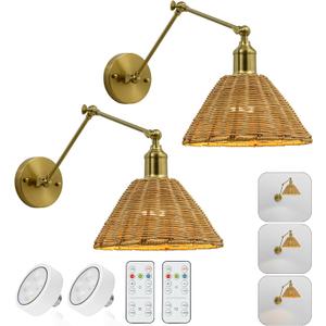 Battery Operated Wall Sconce 2 Pack, Gold Simple Rattan Wall Sconce Adjustable Brightness, Modern Furniture Decor Lighting for Kitchen Island Living Room Bedroom (Long arm - gold)
