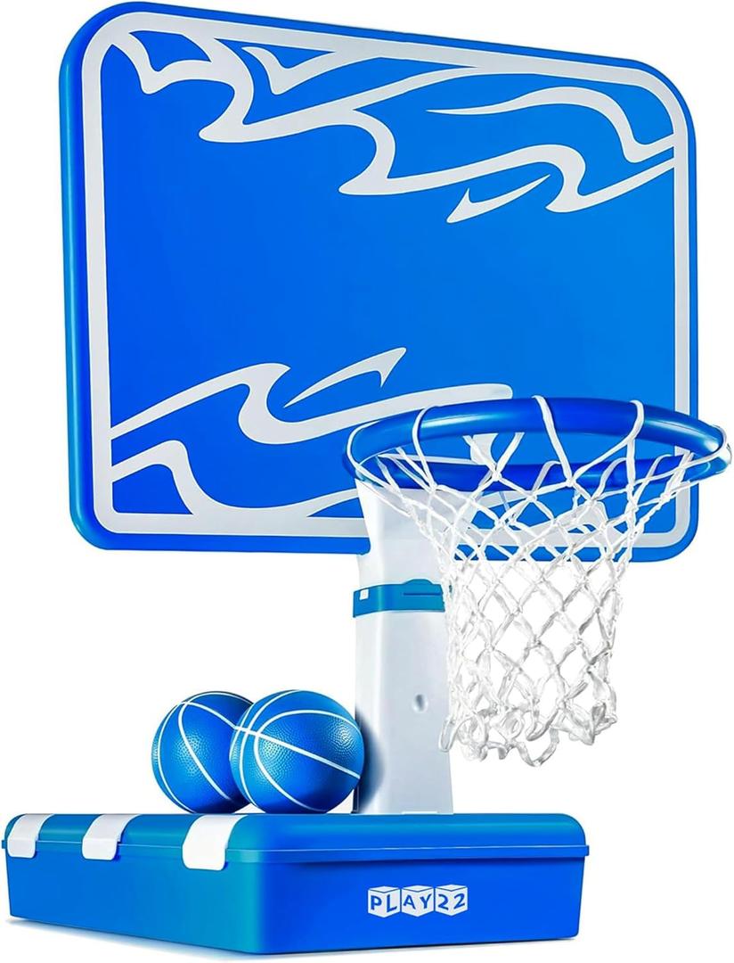 Play22 Swimming Pool Basketball Hoop - 4 Adjustable Height - Revolutionary Base and Storage System, Large Backboard 33"x 54", Pool Toys Basketball Game, Includes 2 Balls and Pump