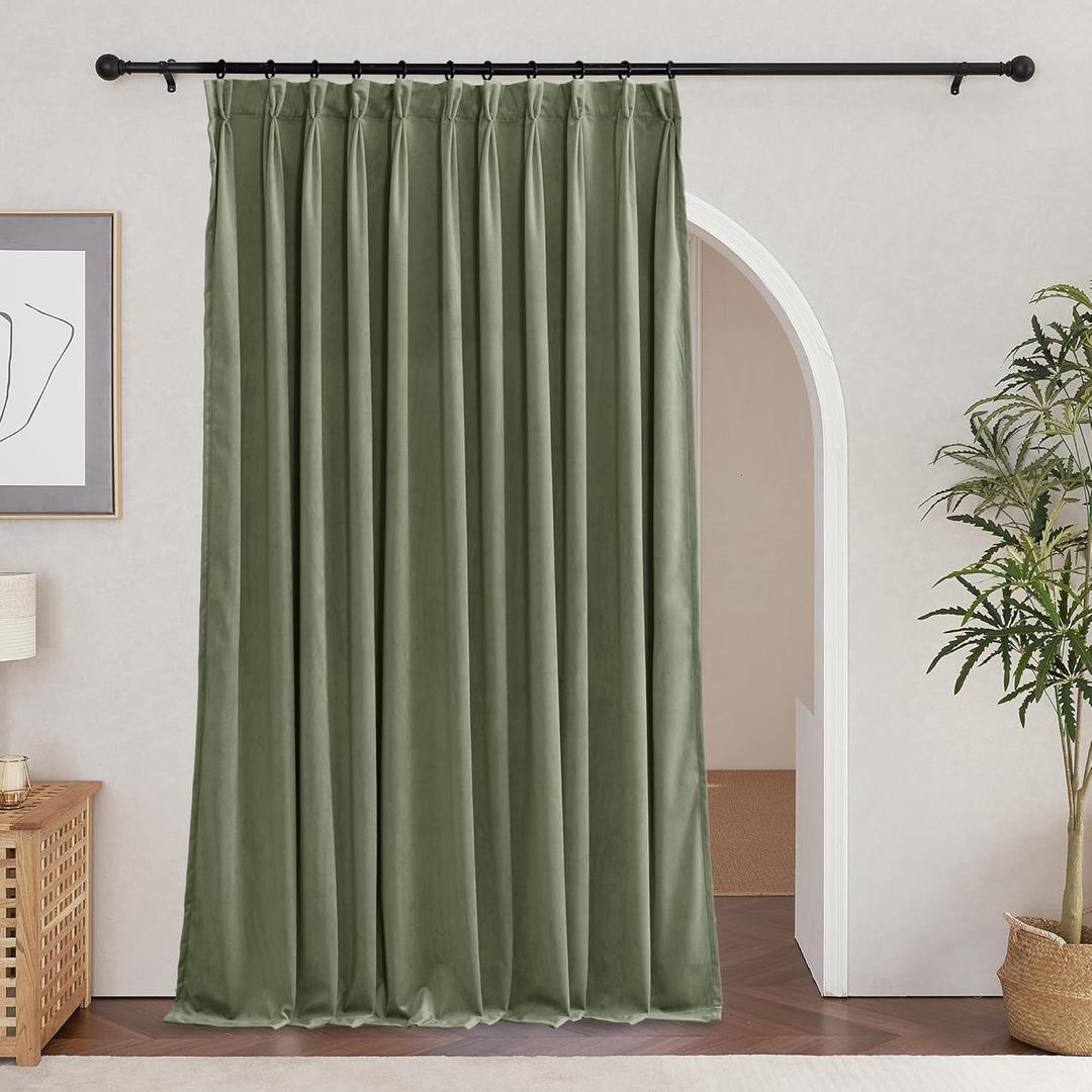 RYB Home Pinch Pleated Velvet Curtains 84 inches for Sliding Glass Door, Thermal Insulated Room Darkening Pleated Drapes for Bedroom Living Room, Sage Green, W66 x L84 inches, 2 Panels
