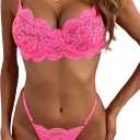 Lilosy Sexy Underwire Push Up Scallop Floral Lace Sheer Lingerie Set for Women Bra and Panty 2 Piece (Medium, Hot Pink)