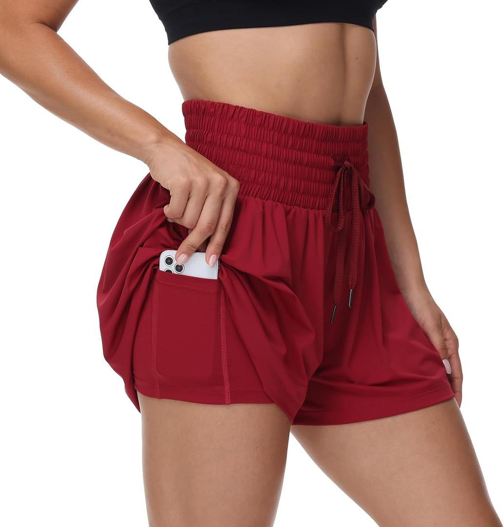 Blaosn Flowy Athletic Shorts for Women Gym Workout Running Short Pants High Waist Skort with Pocket Casual Summer Clothes (Red, XL)