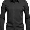 Mens Slim Fit Dress Shirts Wrinkle Free Formal Wedding Long Sleeve Button Down Shirts (Black, XS)