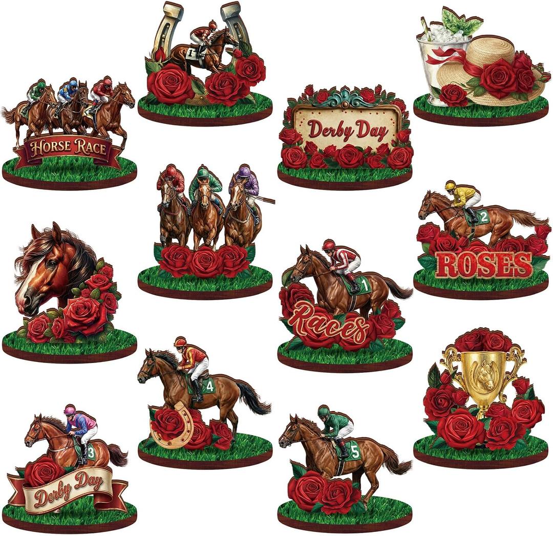 Amyhill 12 Pcs Derby Horse Decorations - Wooden Horse Racing Table Centerpieces with Red Roses, Derby Party Supplies, Horseman Racing Signs for Tiered Tray & Racehorse Themed Table Decor (Races Roses)