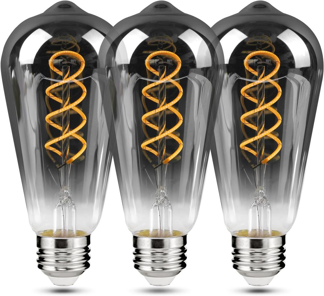 E26 ST64 Vintage Edison Light Bulbs, Smoky Grey Coated Glass, Dimmable, 4W(20W Equivalent) 200 Lumin, 2700K Soft White, Spiral Filaments Design, Antique Style, 25000 Hrs, 3-Pack