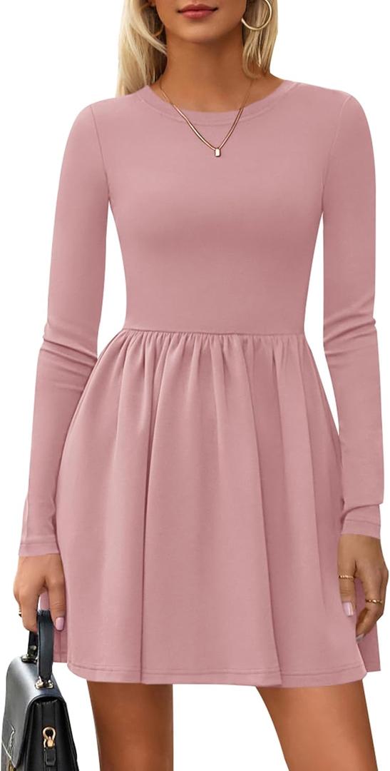 PRETTYGARDEN Women's Long Sleeve Mini Dresses 2026 Spring Casual Pleated A Line Party Cocktail Short Babydoll Dress Pocket (Pink,S) 