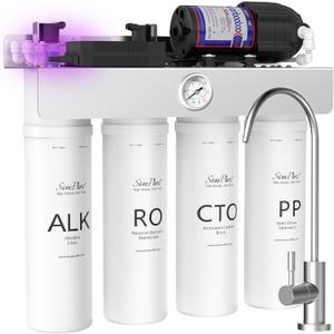 SimPure T1-400ALK Alkaline UV Reverse Osmosis System, NSF/ANSI 58 Certified, Tankless RO Water Filter System 400 GPD, pH+ Remineralization Water Filtration Under Sink, BPA Free, Built-in Pump