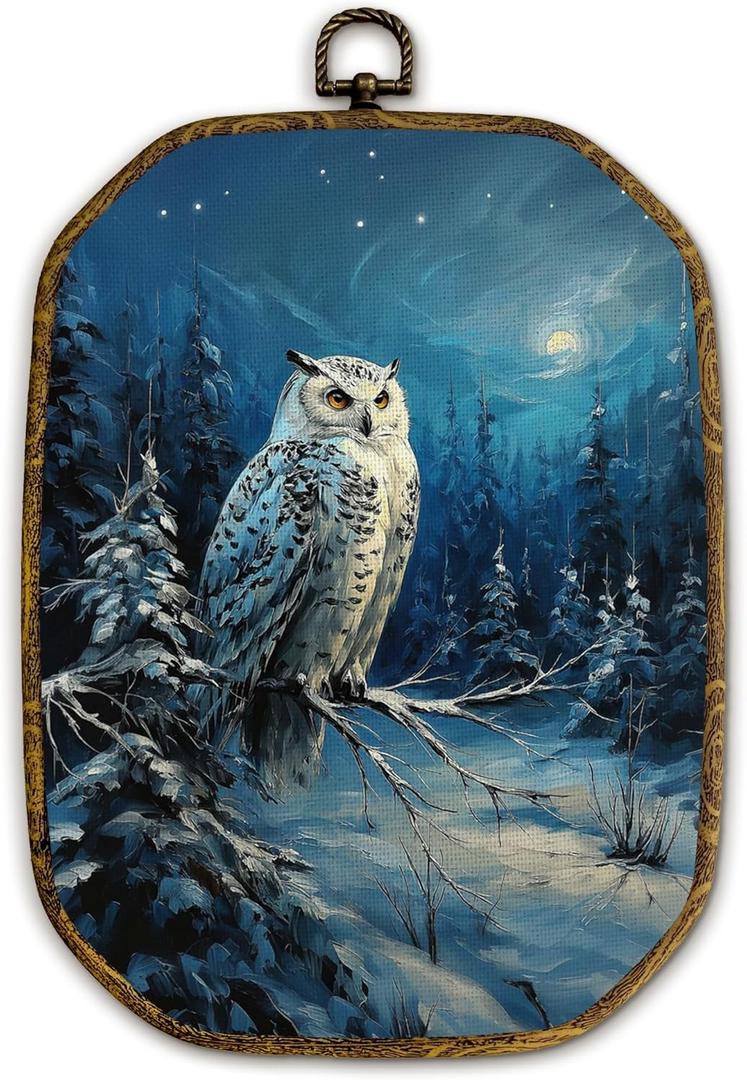 Yjeslw Vintage Winter Owl Octagon Wall Art Decor, Rustic Forest Owl Framed Canvas Prints, Cottagecore Farmhouse Snowy Bird Wall Hanging Decorations for Home Bedroom Living Room Decor, 10.2x7 Inches