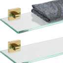 JQK Bathroom Glass Shelf, Floating Tempered Glass Shower Storage 12 by 5 inches, 304 Stainless Steel Brushed Gold Wall Mount 2 Pack, TGS201L12-BG-P2