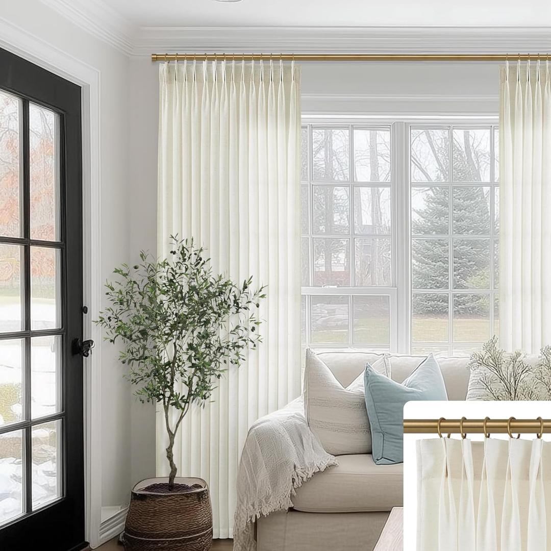 SHINELAND 90 Inch Pinch Pleated Linen Curtains,70x90 Long 2 Panels Sheer Light Filtering Cream Farmhouse Curtains for Living Room (Natural)