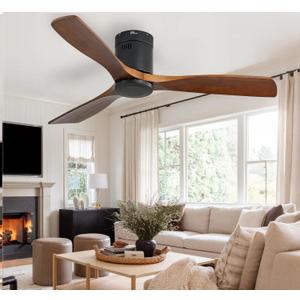 Sofucor 52 Inch Solid Wood Ceiling Fan Without Lights Flush Mount Ceiling Fan with Remote Control-Wood Blades Modern Outdoor Ceiling Fans No Light for Bedroom/Farmhouse/Patio/Indoor, Brown Black