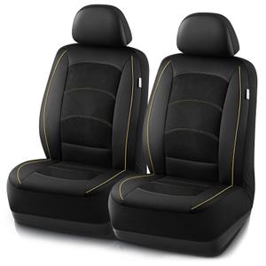 Road Comforts Car Seat Covers, Leather Seat Covers with Piping, Air-Cool Mesh Designed, Airbag Compatible Automotive Front Seat Covers for Most Car, Truck, Van, SUV - Black with Black Piping