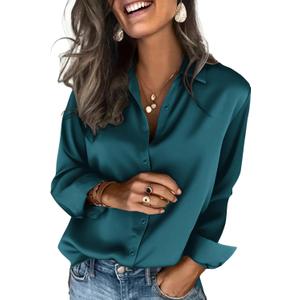 Zeagoo Satin Blouses for Women Silk Button Down Shirts Long Sleeve Business Casual Tops (Green, XL)