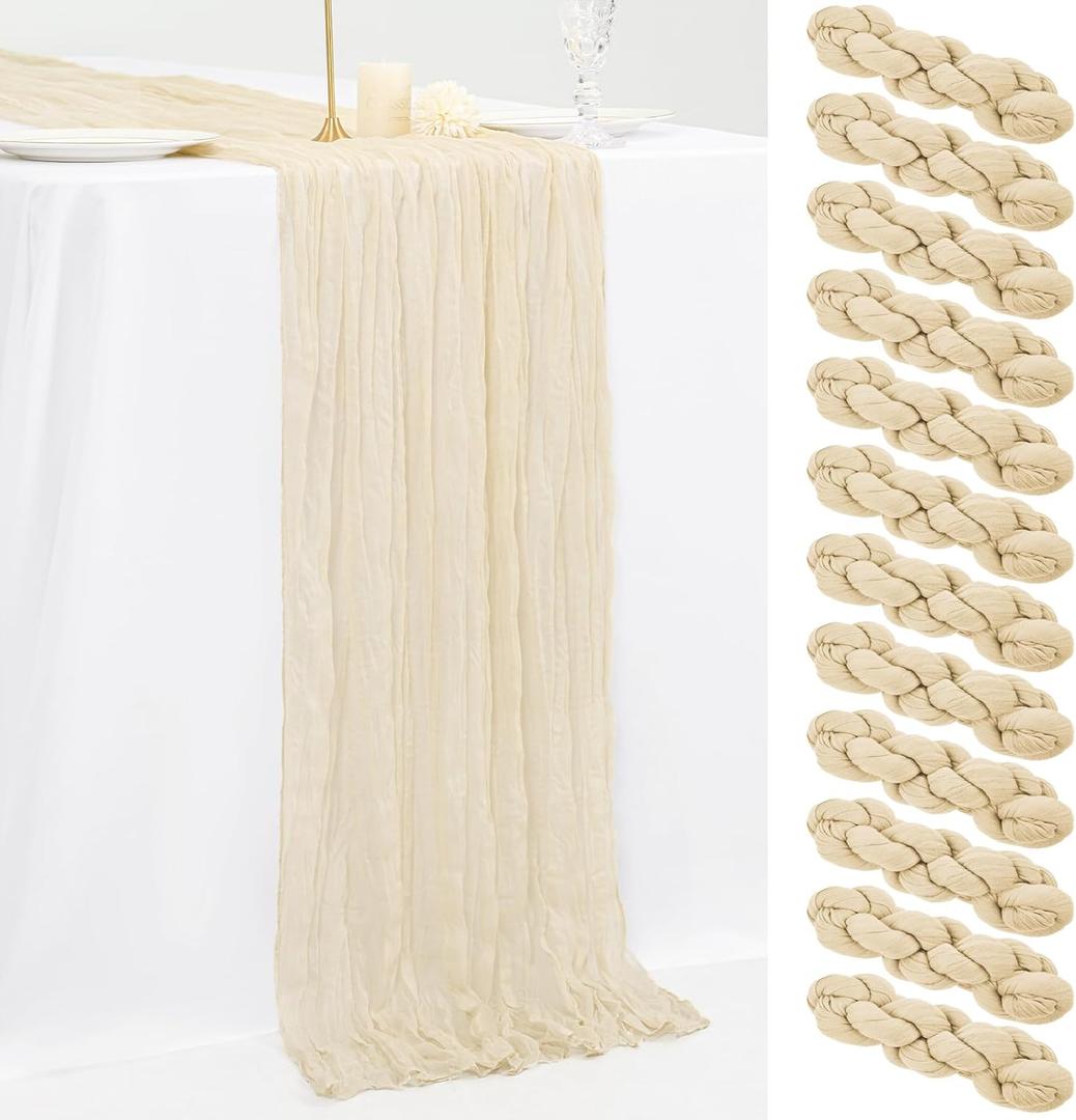 12 Pack 10Ft Ivory Cheesecloth Table Runner 35 x 120 inch Boho Gauze Cheese Cloth Table Runner Vintage Rustic Sheer Runners for Wedding Bridal Shower Birthday Party Cake Table Decorations
