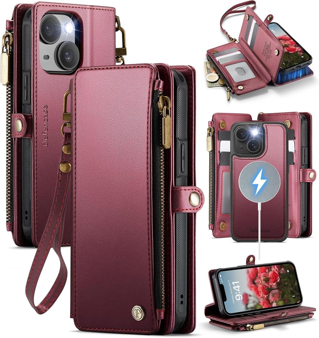 Defencase for iPhone 15 Magnetic Wallet Case Compatible with Magsafe with RFID Blocking Zipper & Card Holder for Women Men, PU Leather Strap Detachable Phone Case for iPhone 15 (6.1 inches), Wine Red