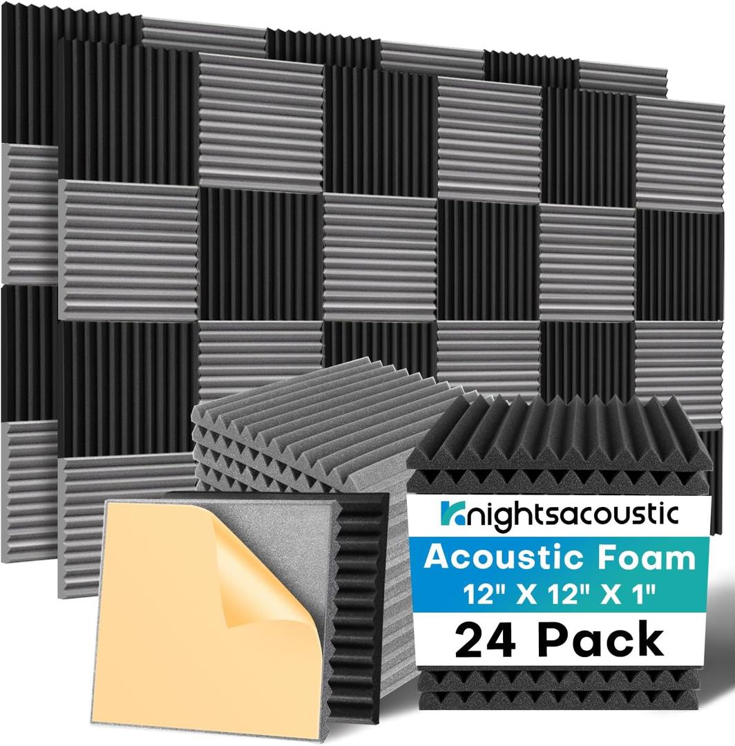 Knightsacoustic 24 Pack Sound Proof Foam Panels with Self Adhesive, 12x12x1 Fire Resistant Acoustic Foam Panels, High Density Acoustic Panels Sound Absorbing, Studio Noise Cancelling Black Grey